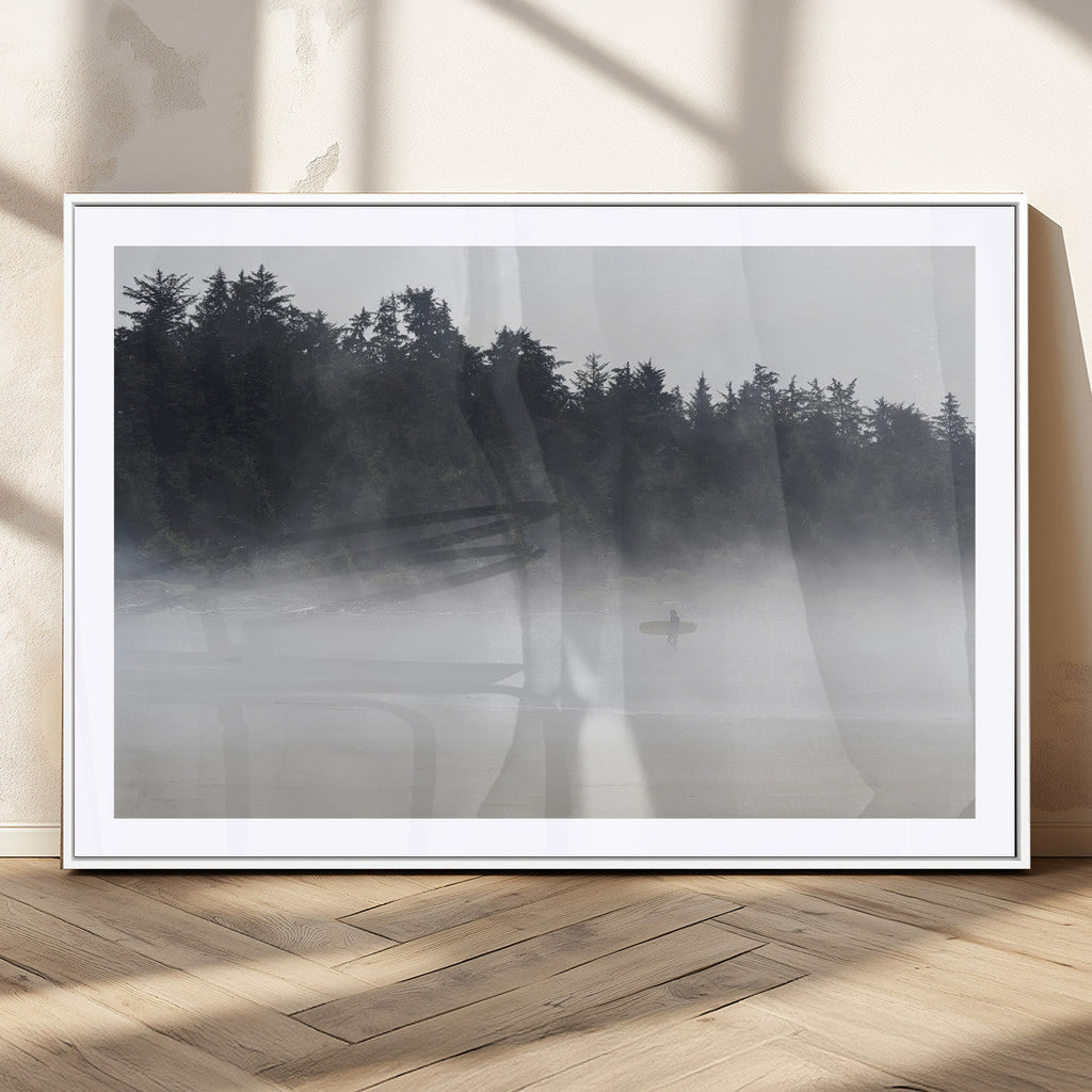Surfer Fog Wall Art Canvas Print, Framed Foggy Beach and Coastal Surf Scene