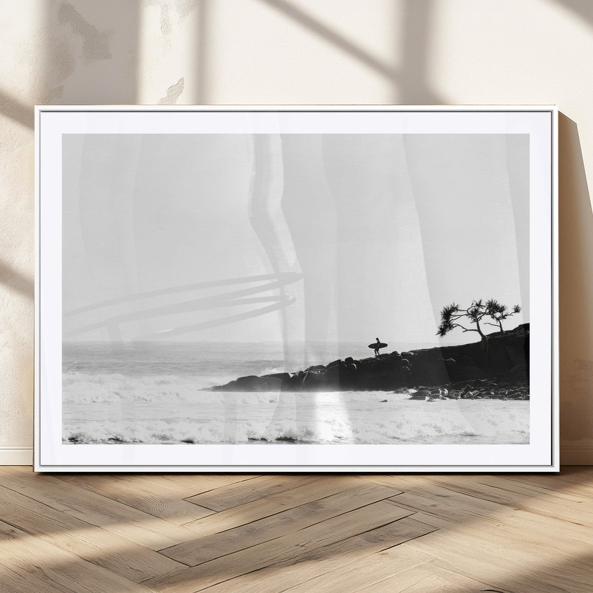 Surfer Cliffs Wall Art Canvas Print, Framed Black White Beach and Ocean Waves