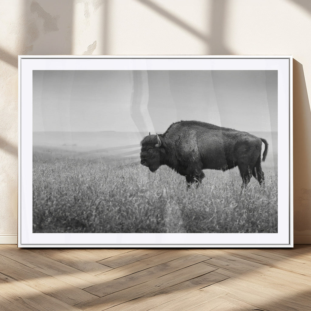 Bison Wall Art Canvas Print, Framed Rustic Wildlife Scene with Wild Buffalo