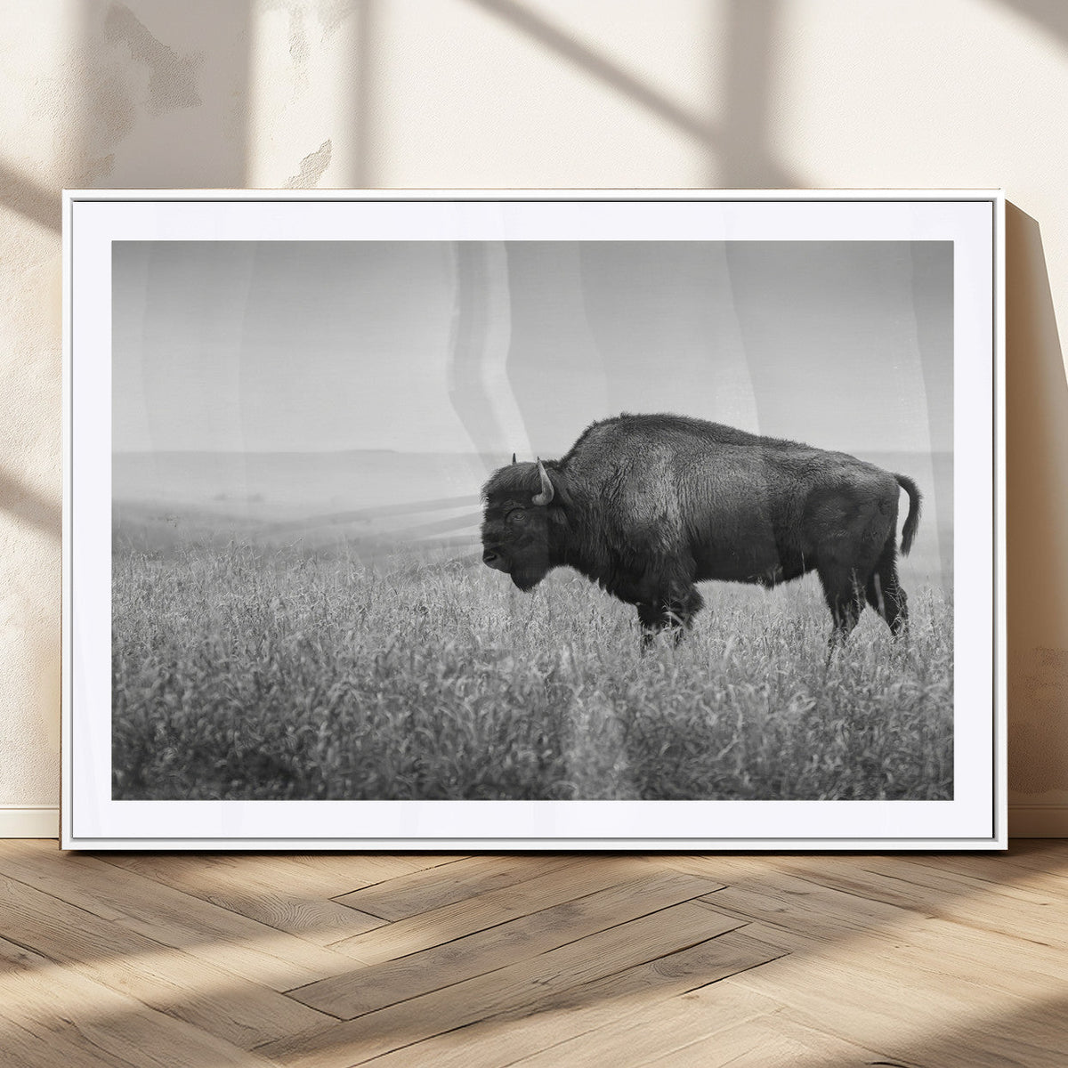 Bison Wall Art Canvas Print, Framed Rustic Wildlife Scene with Wild Buffalo