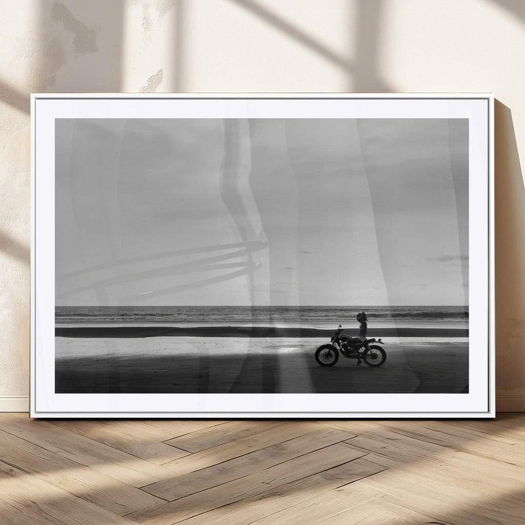 Motorcycle Beach Wall Art Canvas Print, Framed Vintage Motorcycle and Biker Silhouette