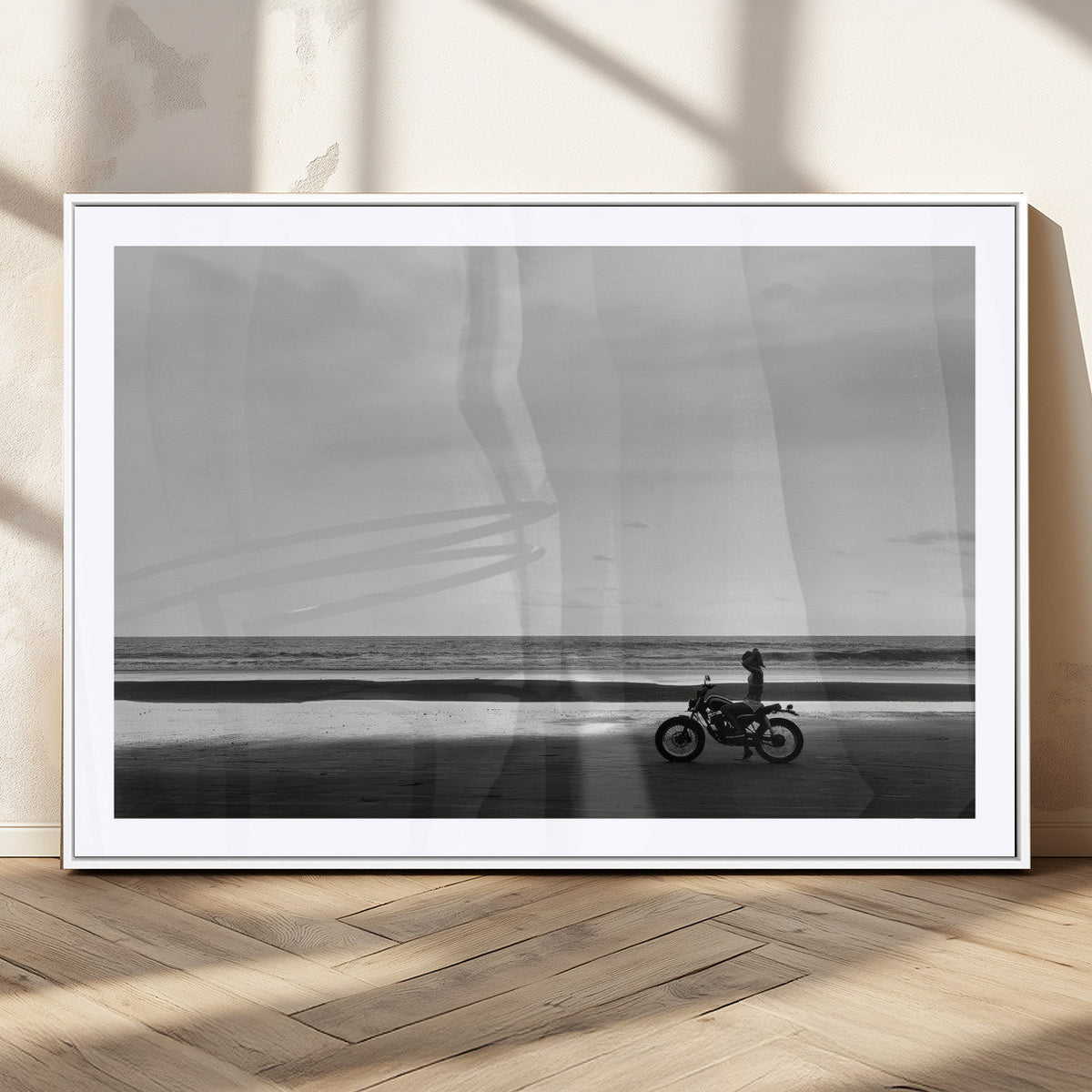 Motorcycle Beach Wall Art Canvas Print, Framed Vintage Biker Silhouette Artwork