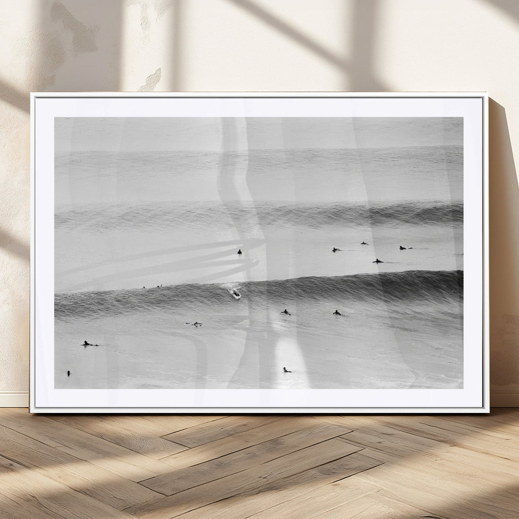 Black White Ocean Wall Art Canvas Print, Framed Coastal Sport and Ocean Swimmers Scene