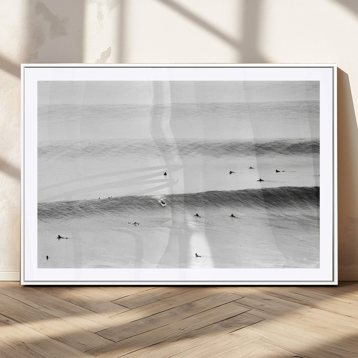Black White Ocean Wall Art Canvas Print, Framed Coastal Sport and Ocean Swimmers Scene