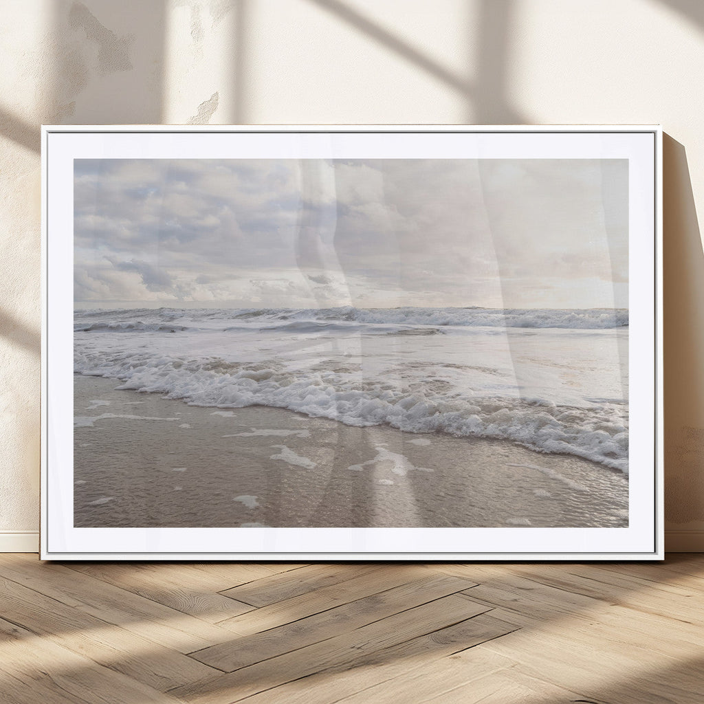 Ocean Waves Wall Art Canvas Print, Framed Coastal Shoreline Sea Foam Artwork