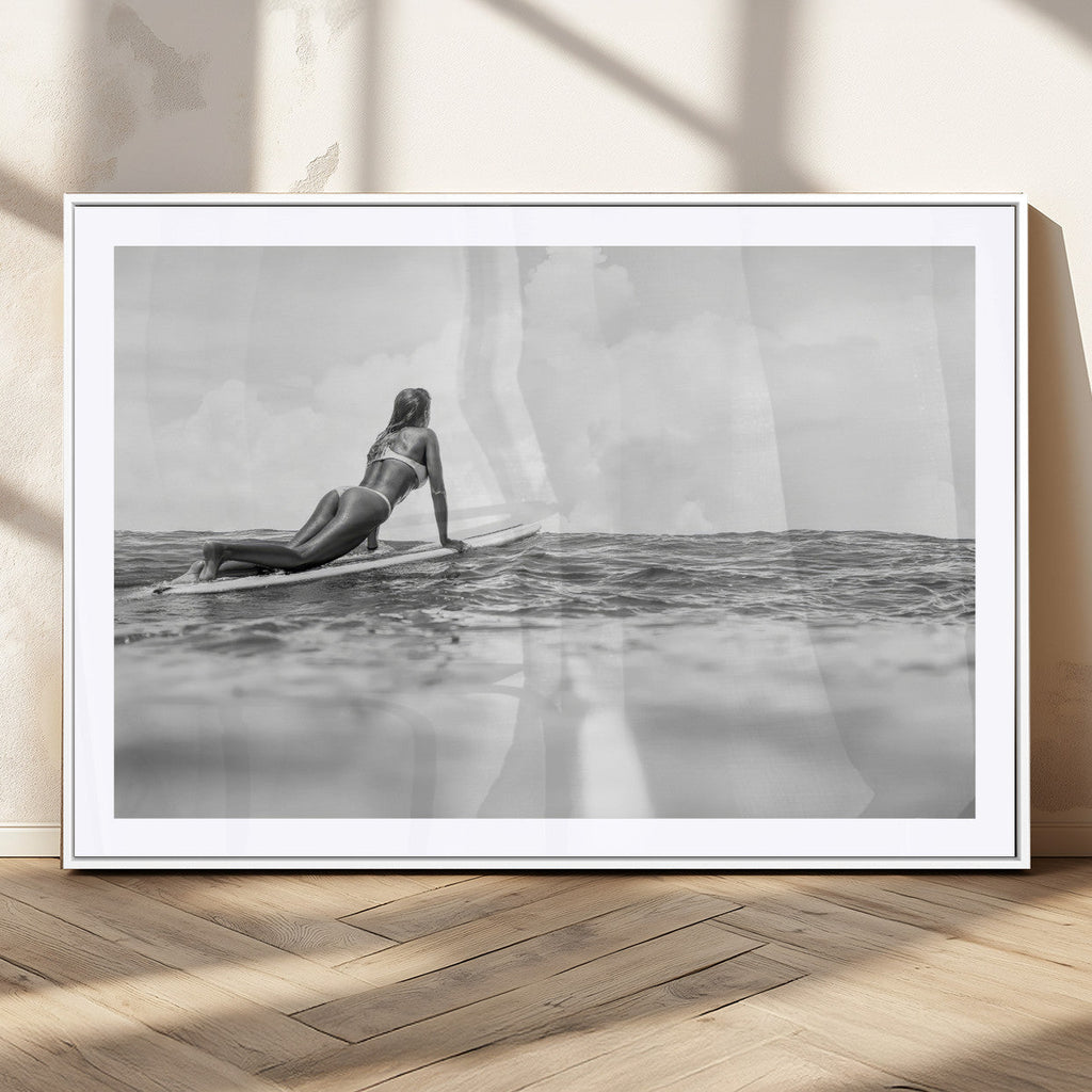 Black and White Surfing Wall Art Canvas Print, Framed Ocean Horizon Surfer Girl