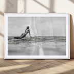 Black and White Surfing Wall Art Canvas Print, Framed Ocean Horizon Surfer Girl