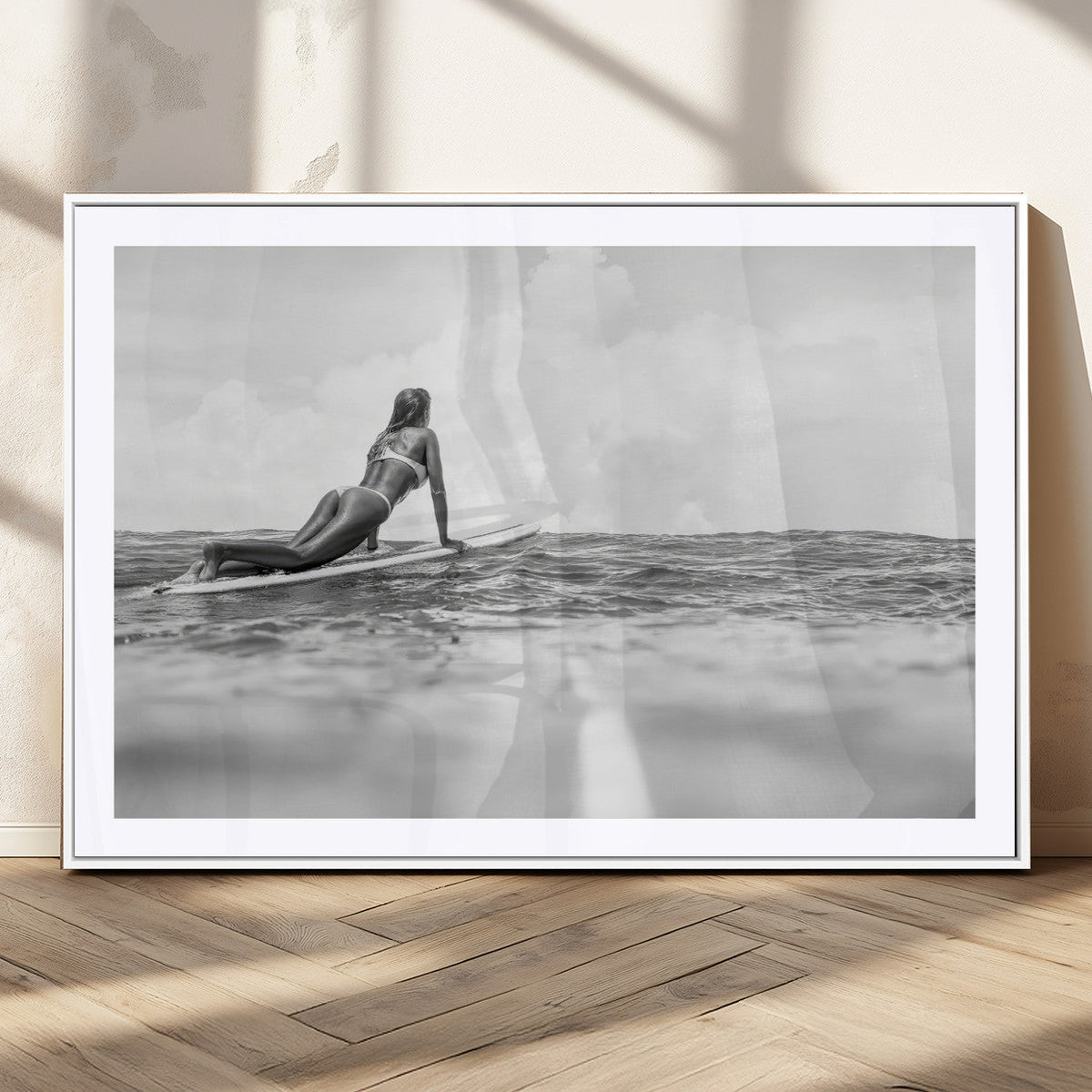 Black and White Surfing Wall Art Canvas Print, Framed Ocean Horizon Surfer Girl