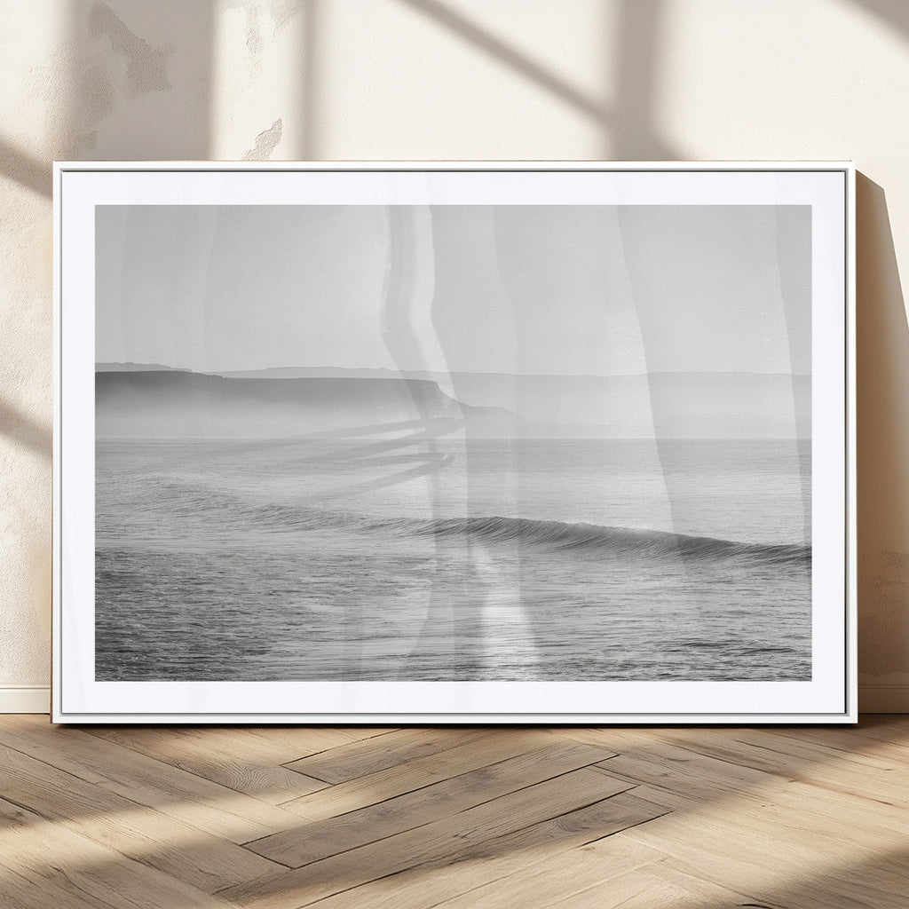 Black and White Seascape Wall Art Canvas Print, Framed Misty Ocean Waves