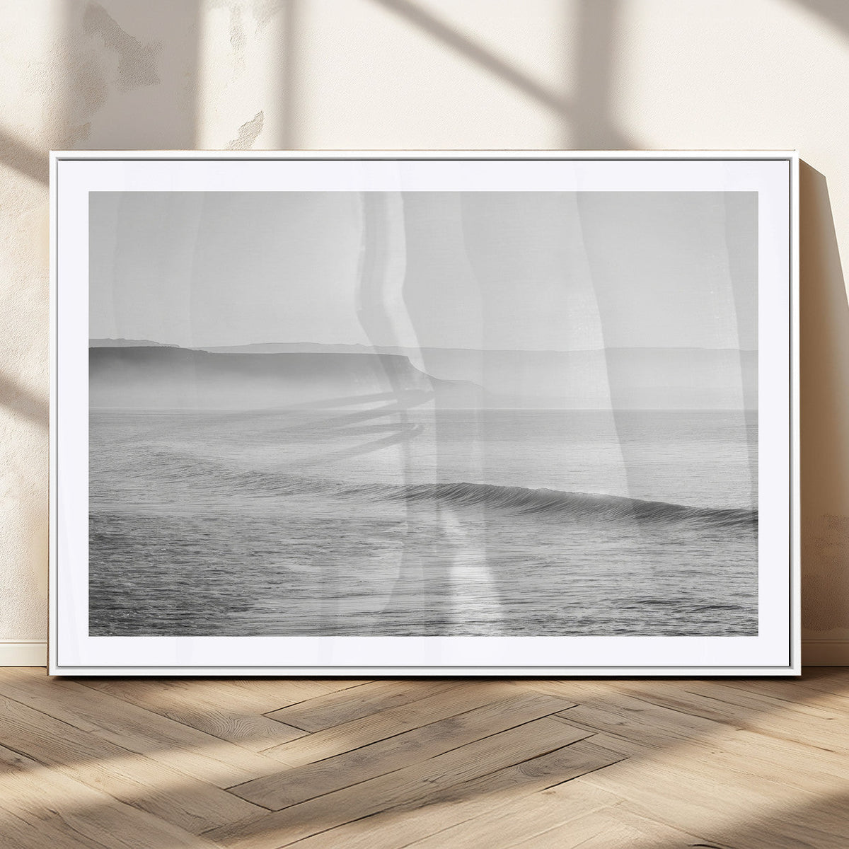 Black and White Seascape Wall Art Canvas Print, Framed Misty Ocean Waves