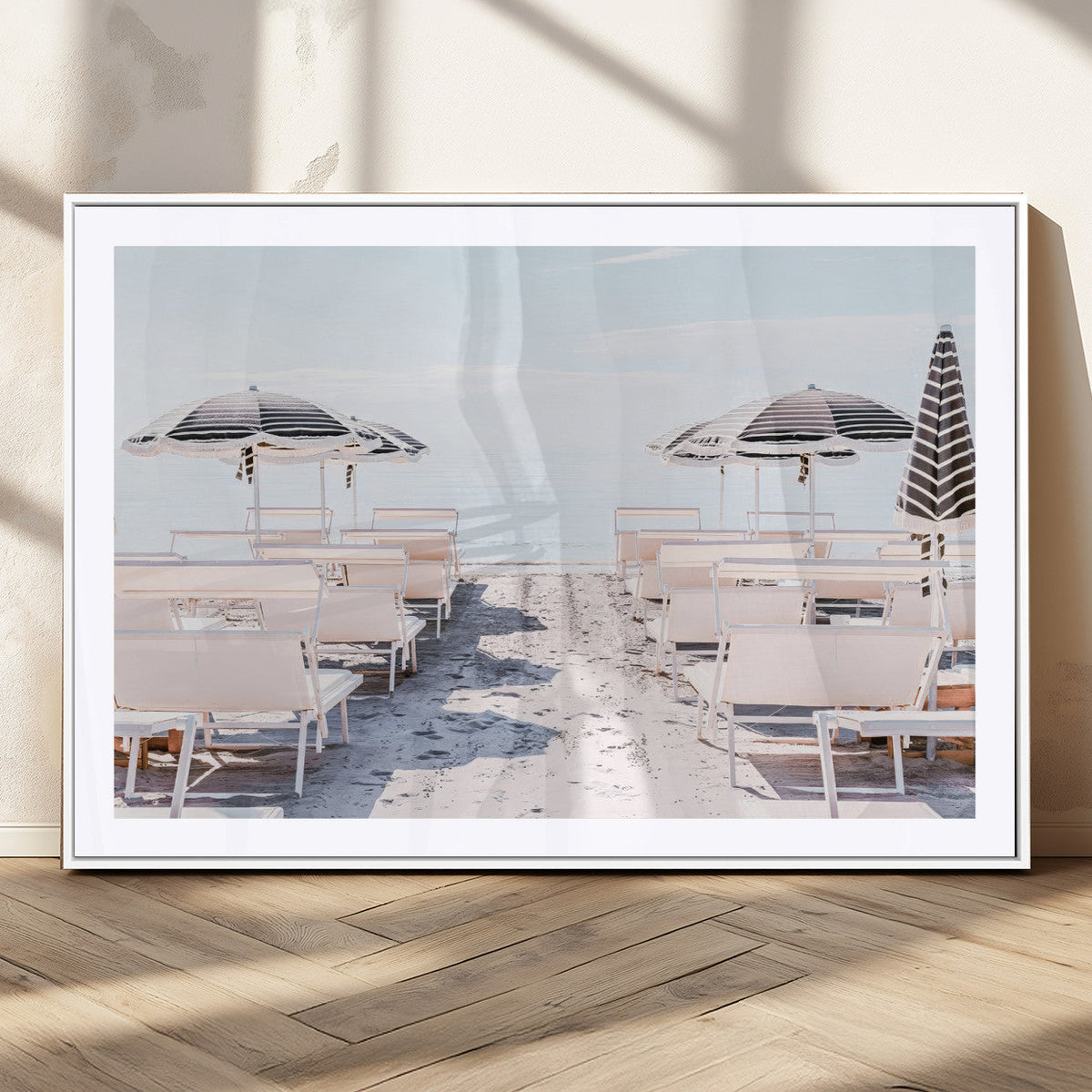 Minimalist Beach Wall Art Canvas Print, Framed Pastel Sand and Striped Umbrella Artwork
