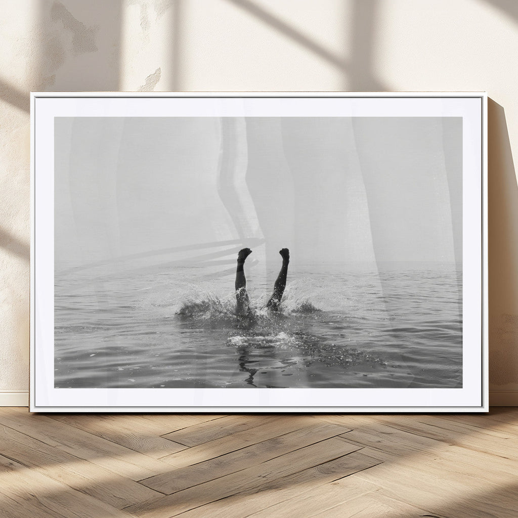 Black White Ocean Wall Art Canvas Print, Framed Monochrome Diving into Water Artwork