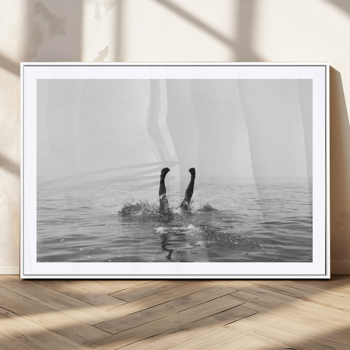 Black White Ocean Wall Art Canvas Print, Framed Monochrome Diving into Water Artwork