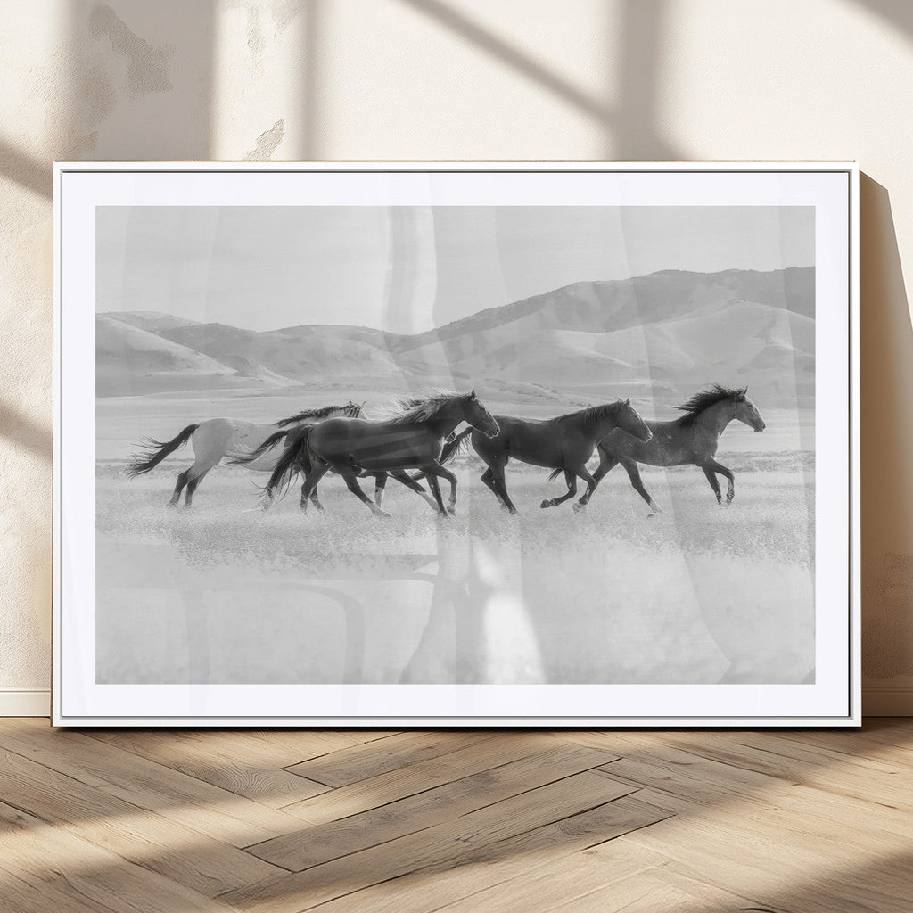 Wild Horses Running Wall Art Canvas Print, Framed Black White Mustangs Artwork