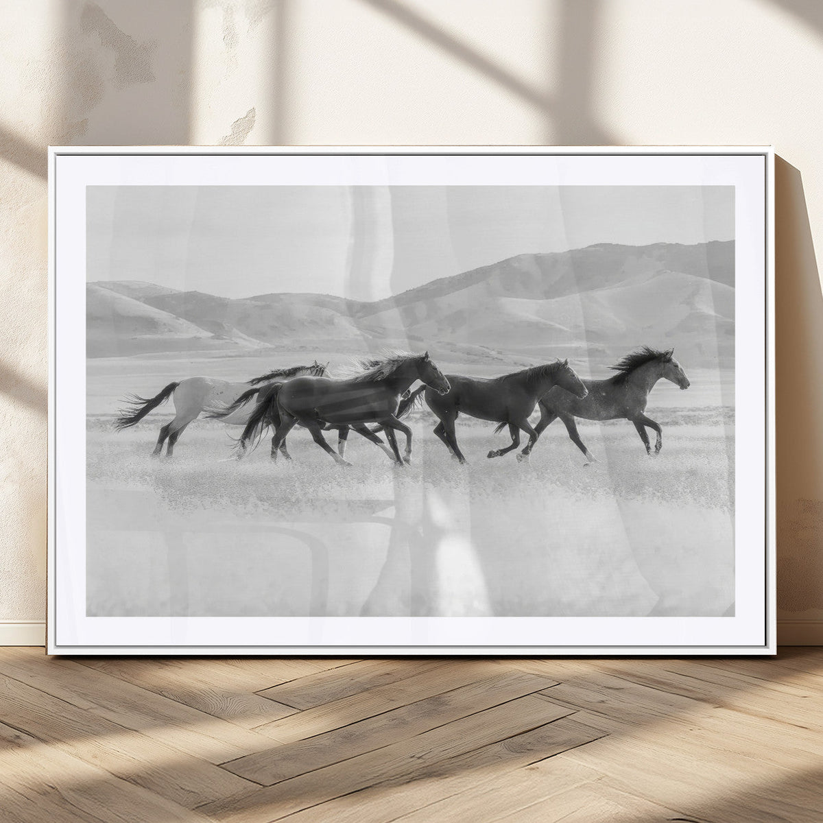 Wild Horses Running Wall Art Canvas Print, Framed Black White Mustangs Artwork