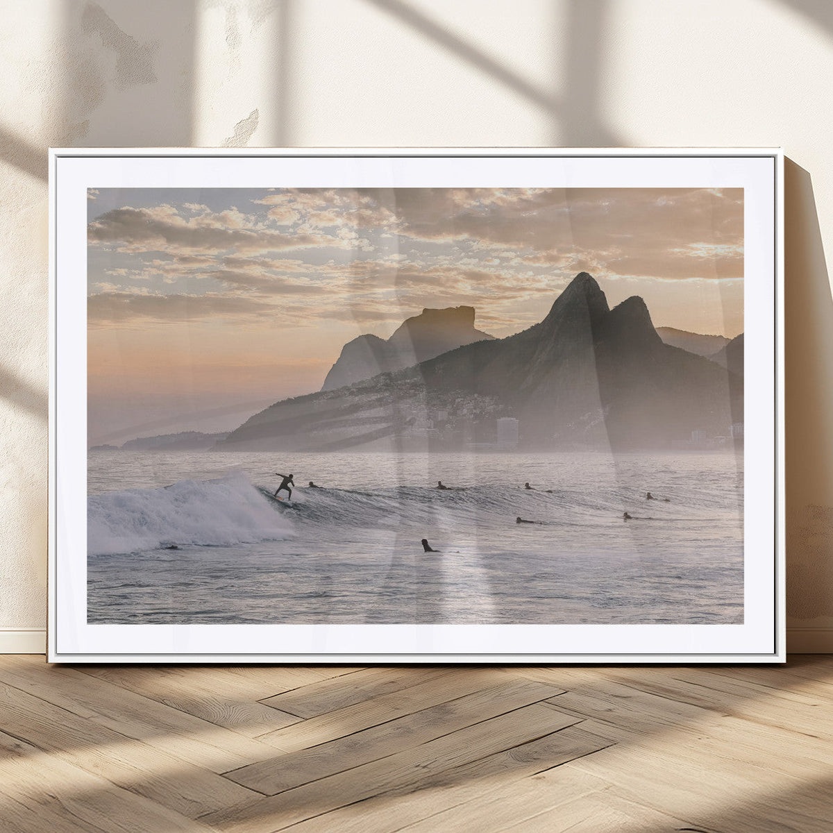 Sunset Surfing Wall Art Canvas Print, Framed Misty Mountains and Surfer Riding a Wave