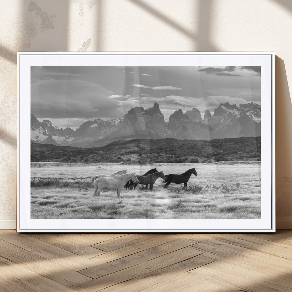 Wild Horses Wall Art | Framed Black White Mountain Canvas