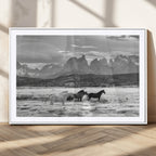 Wild Horses Wall Art | Framed Black White Mountain Canvas