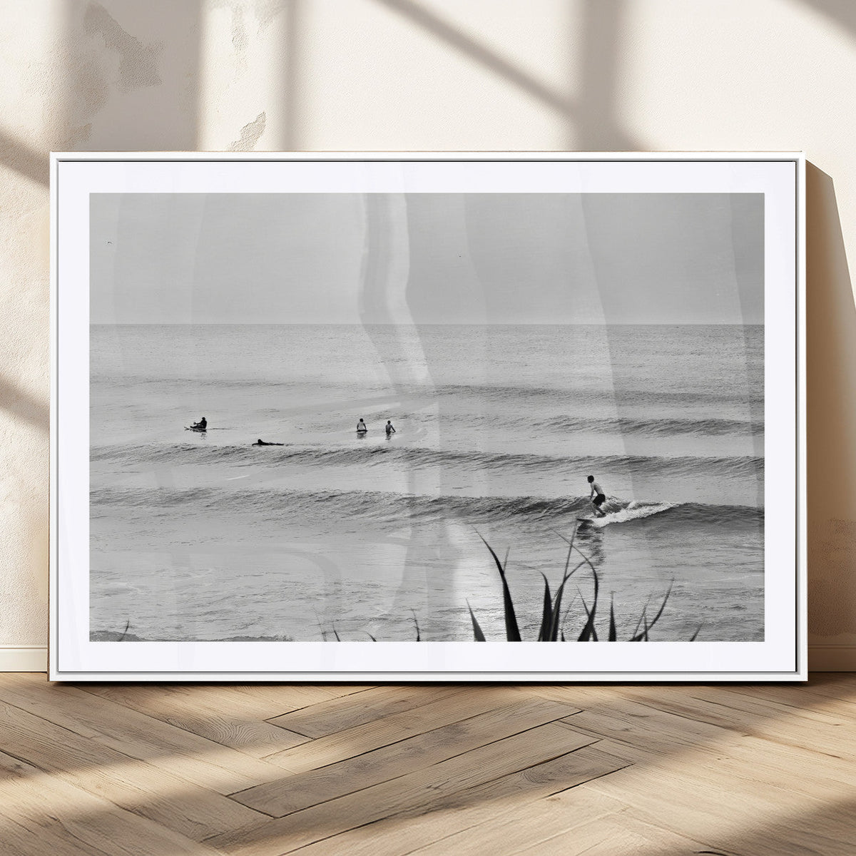 Surfer Silhouette Wall Art Canvas Print, Framed Calm Ocean Monochrome Surf