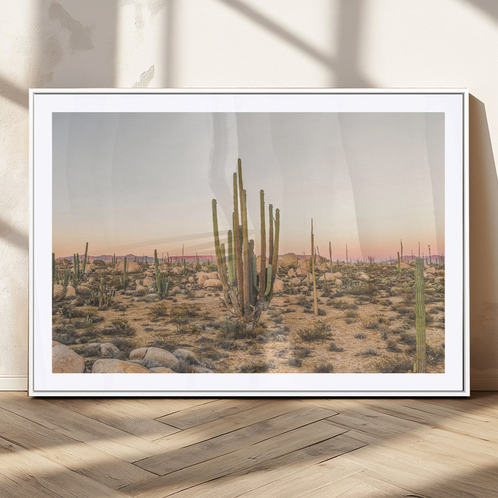 Desert Cactus Wall Art Canvas Print, Framed Baja Desert Art, Pastel Southwestern Decor