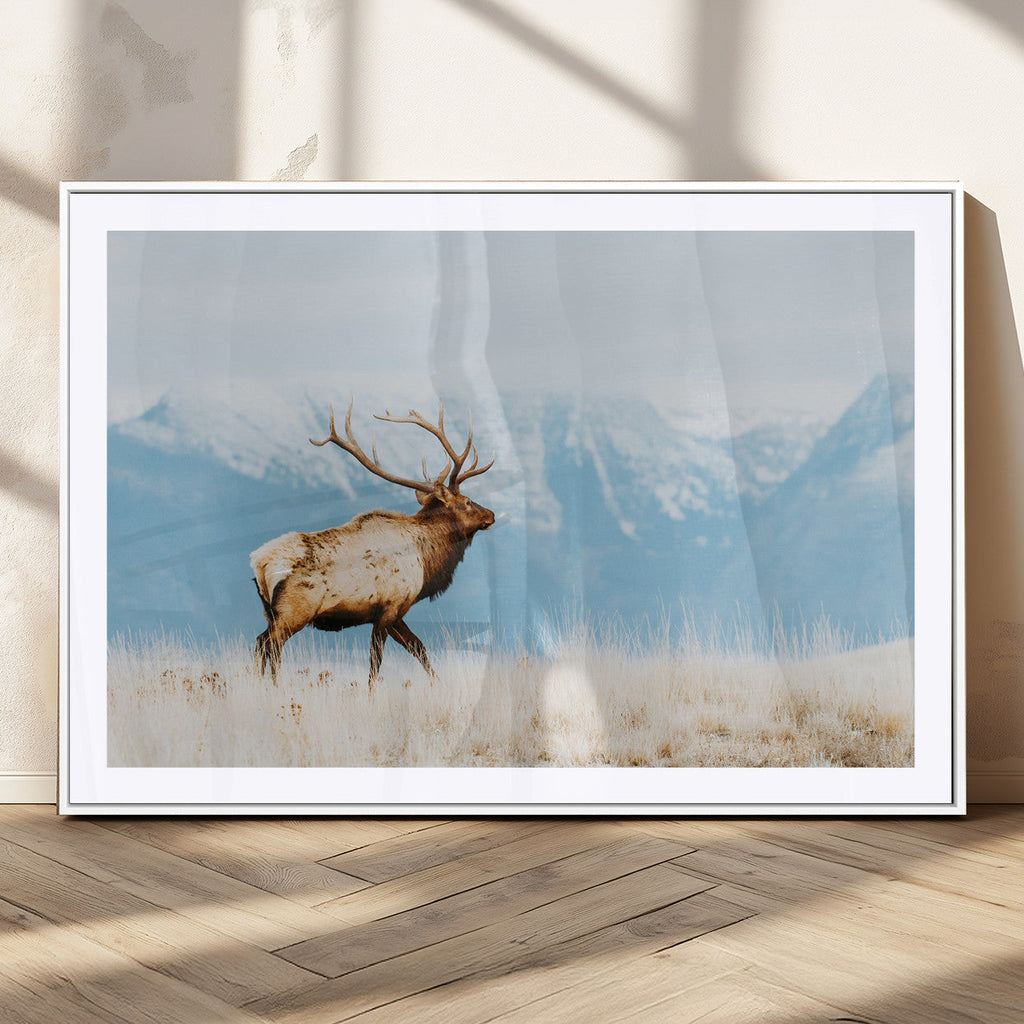 Mountain Elk Wall Art Canvas Print, Framed Rustic Wildlife Art, Lodge Style Decor