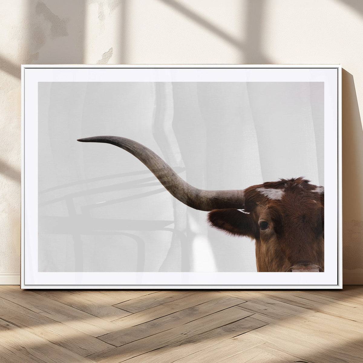 Texas Longhorn Wall Art Canvas Print, Framed Minimalist Cow Art, Ranch Style Decor