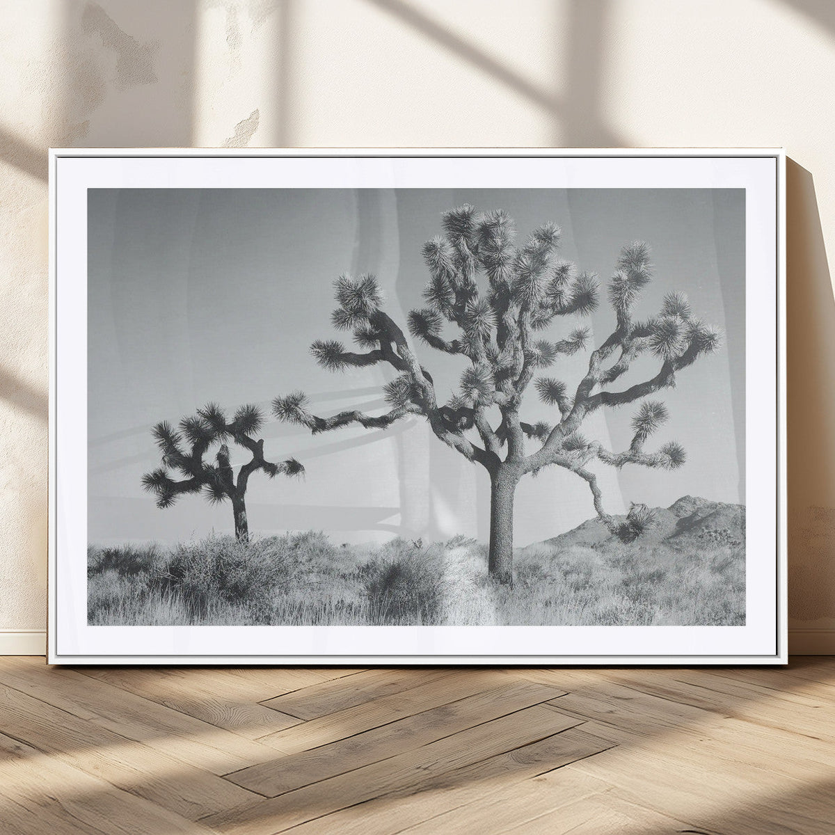 Joshua Tree Wall Art Canvas Print, Framed Black and White Desert Landscape Artwork