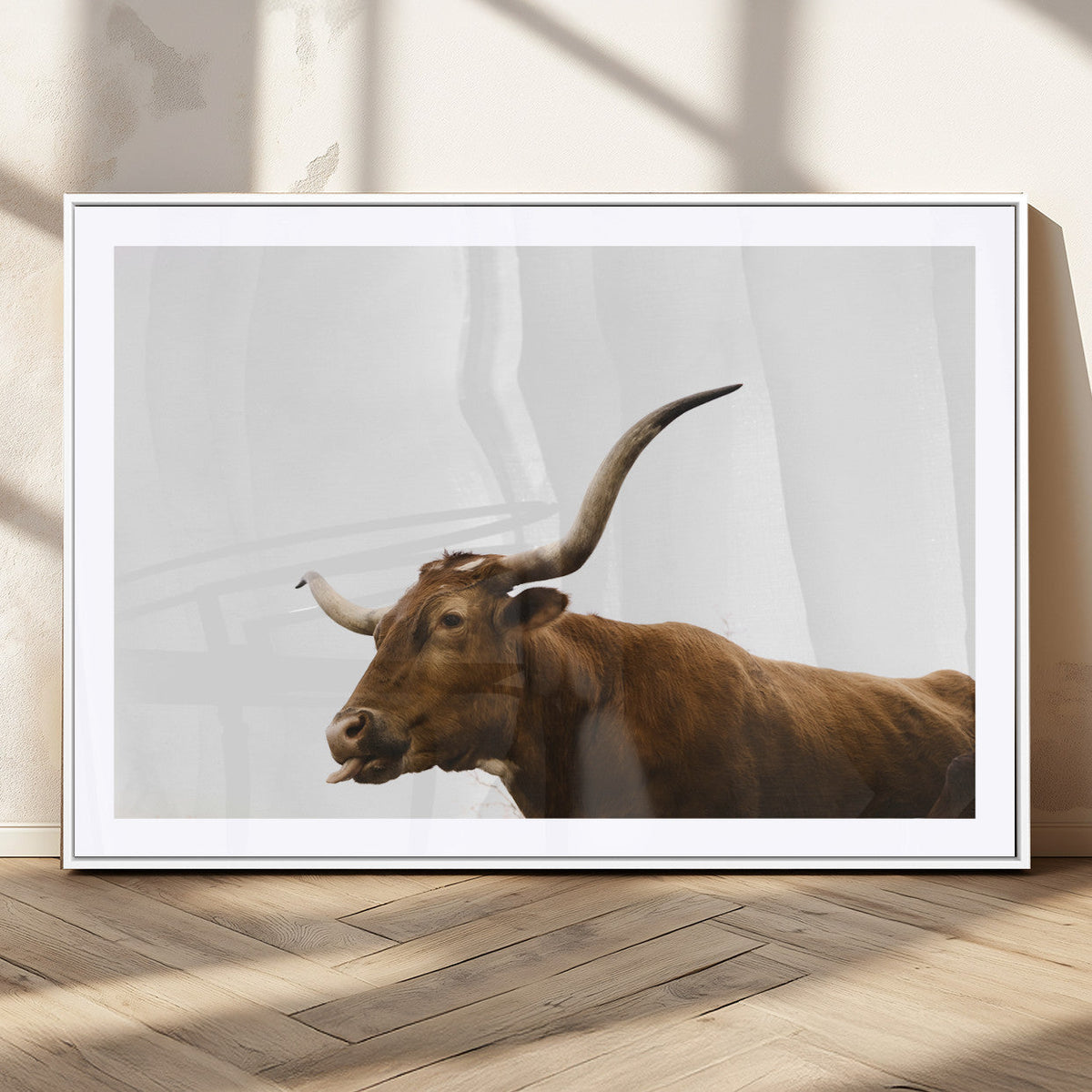 Longhorn Cow Wall Art Canvas Print, Framed Rustic Texas Bull Animal Decor