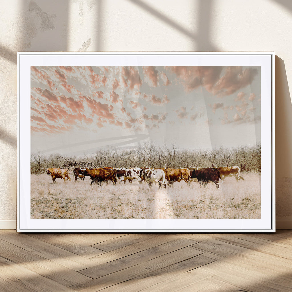 Country Cow Herd Wall Art Canvas Print, Framed Farmhouse Cattle Scene, Rustic Ranch Decor