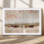 Country Cow Herd Wall Art Canvas Print, Framed Farmhouse Cattle Scene, Rustic Ranch Decor