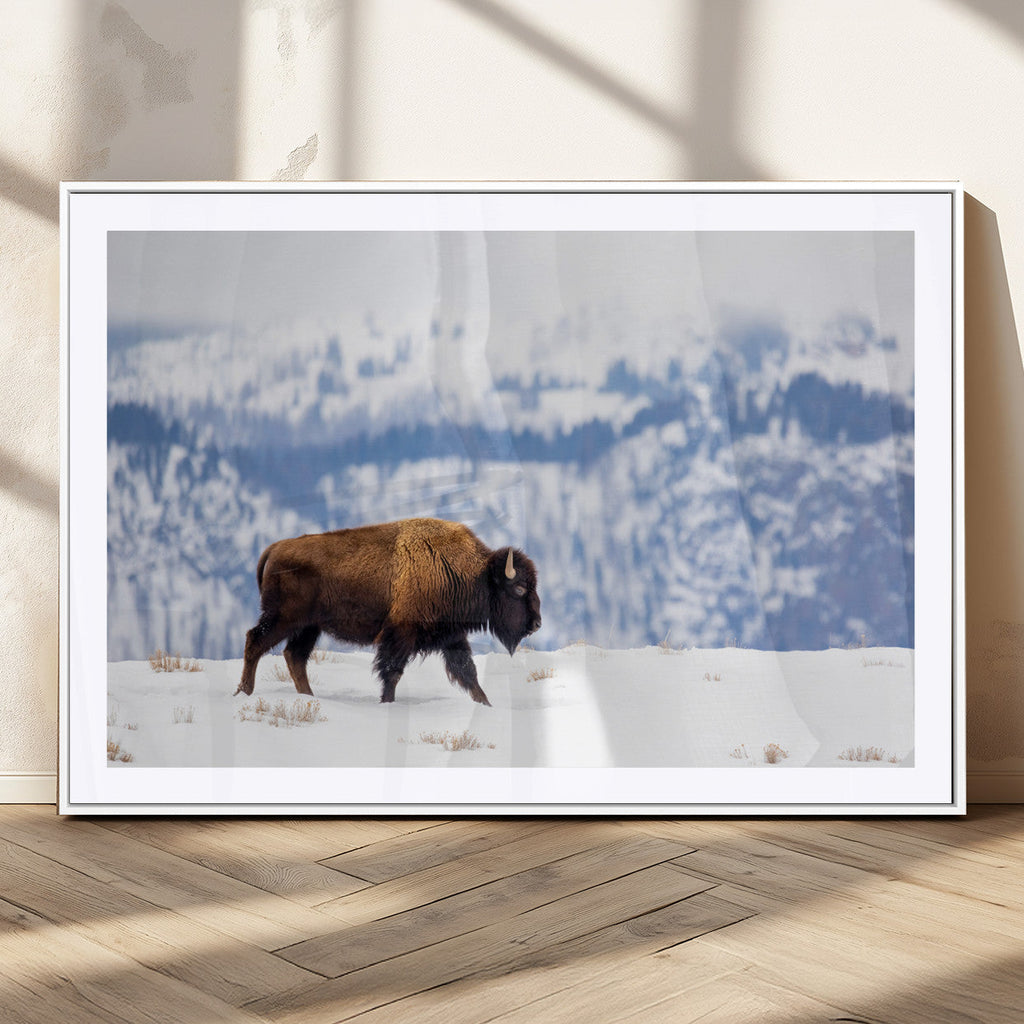 Bison Snow Wall Art Canvas Print, Framed Wildlife Scene, Western Ranch Style Decor