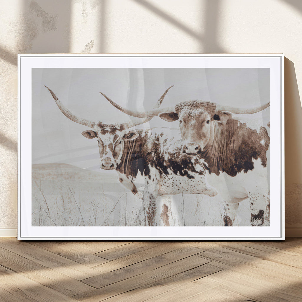 Longhorn Cow Wall Art Canvas Print, Framed Rustic Cattle Art, Sepia Western Decor