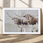Longhorn Cow Wall Art Canvas Print, Framed Rustic Cattle Art, Sepia Western Decor