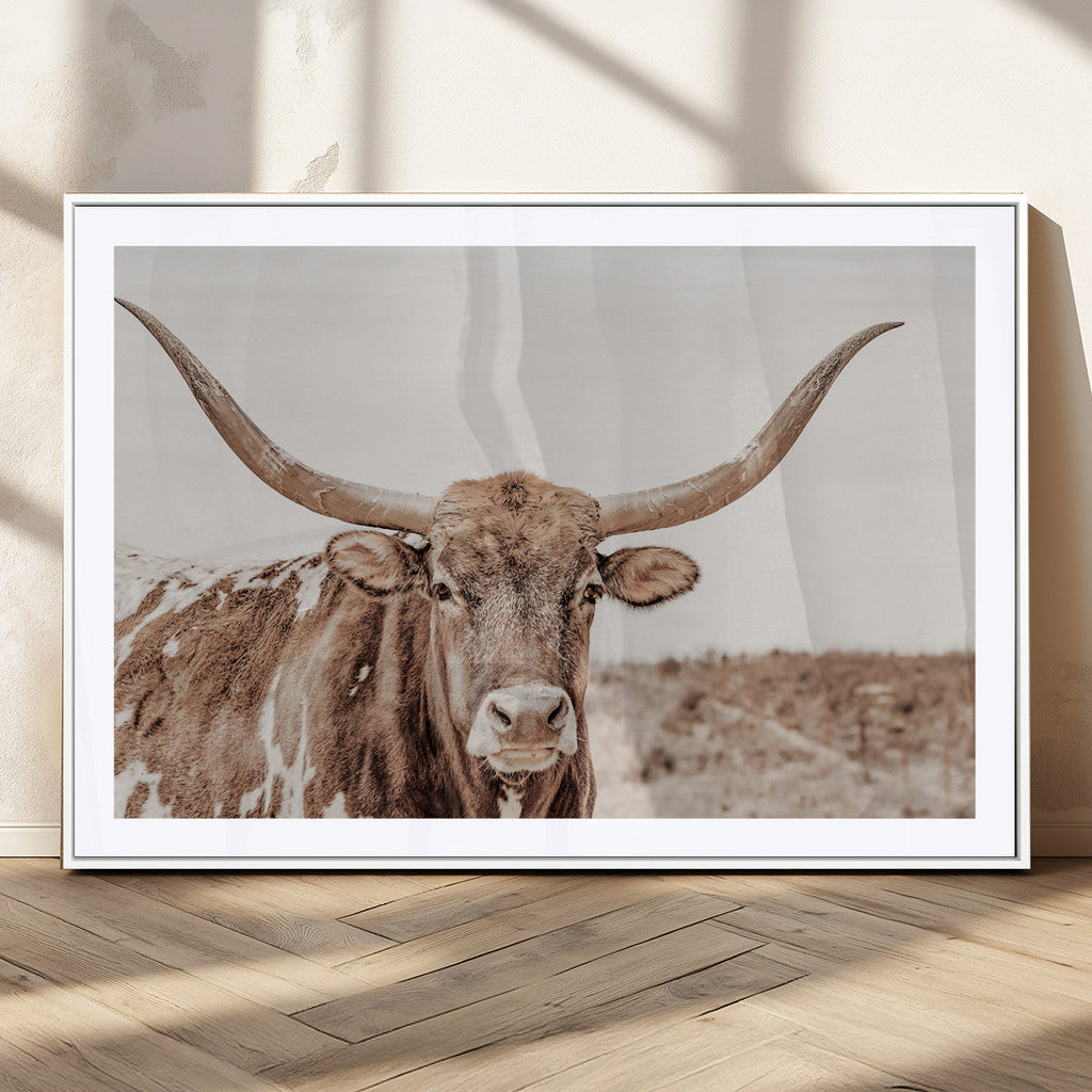 Longhorn Bull Wall Art Canvas Print, Framed Rustic Cow Decor, Neutral Farmhouse Style