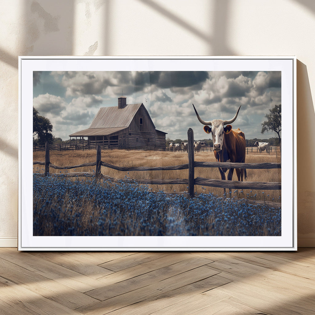 Texas Longhorn Wall Art Canvas Print, Framed Rustic Barn Art, Farmhouse Cow Decor
