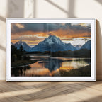 Mountain Sunset Wall Art Canvas Print, Framed Alpine Wilderness Art, Golden Hour Lake