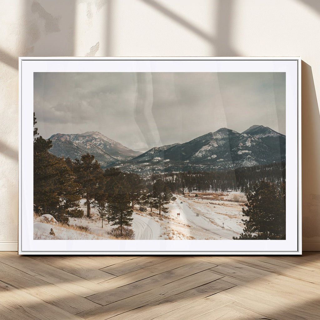 Mountain Landscape Wall Art Canvas Print, Framed Snowy Peaks Alpine Winter