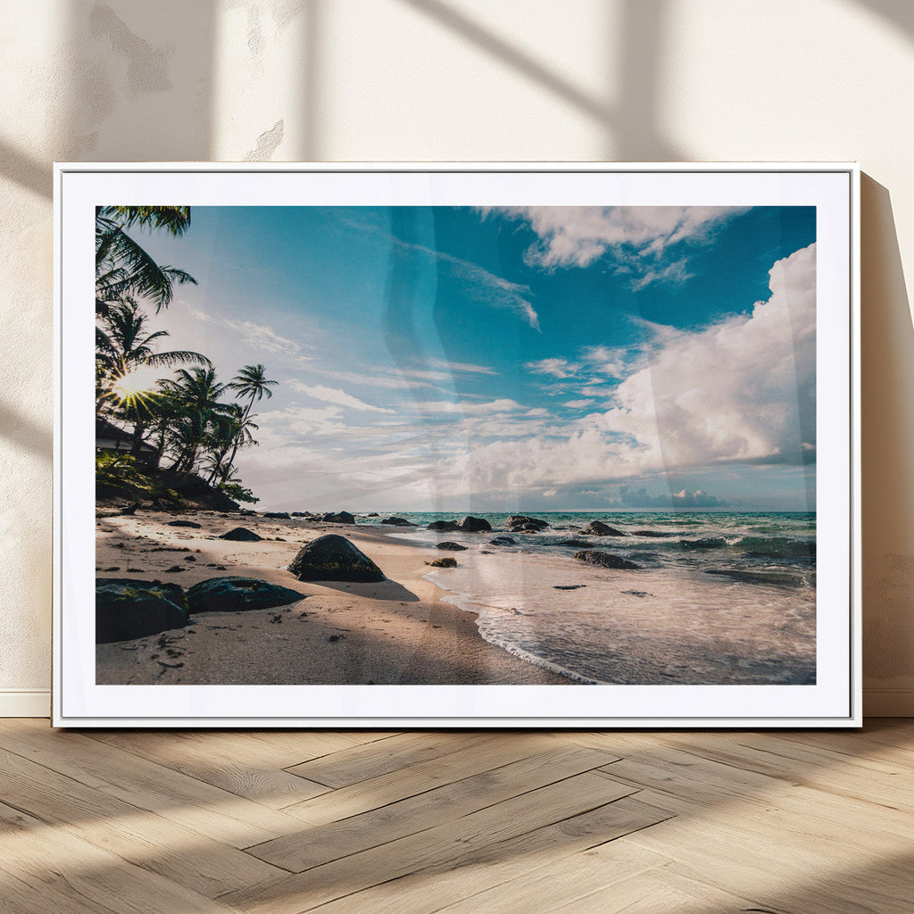 Tropical Beach Wall Art Canvas Print, Framed Ocean Waves Relaxing Seascape