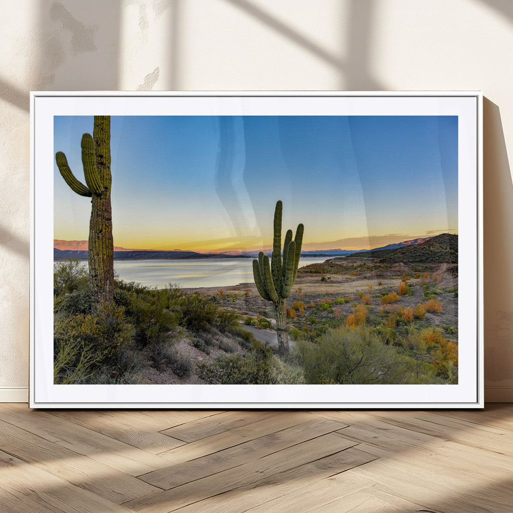 Saguaro Cactus Wall Art Canvas Print, Framed Desert Sunset Southwestern