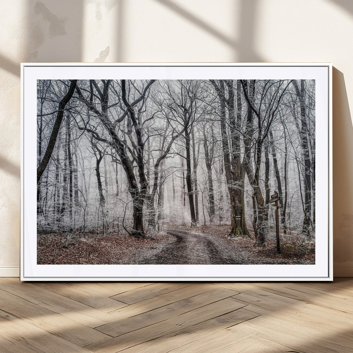 Winter Forest Wall Art Canvas Print, Framed Frosty Woodland with Misty Trees