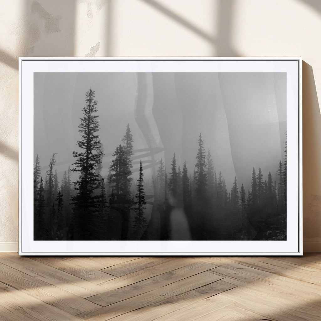 Misty Pines Wall Art Canvas Print, Framed Woodland Minimalist Black and White