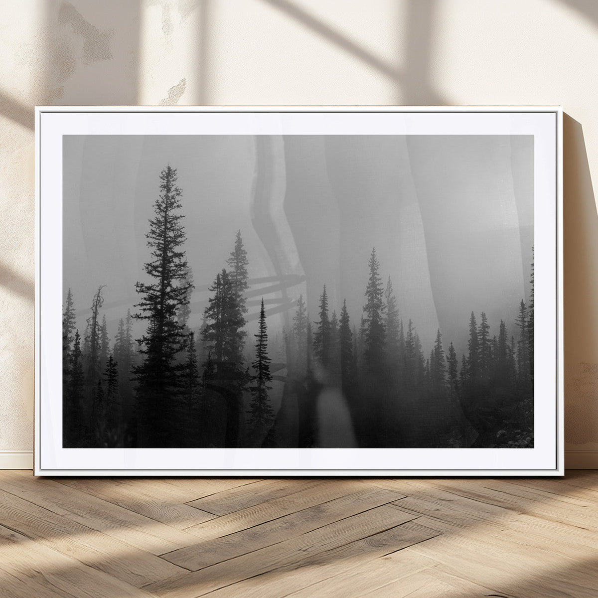 Misty Pines Wall Art Canvas Print, Framed Woodland Minimalist Black and White