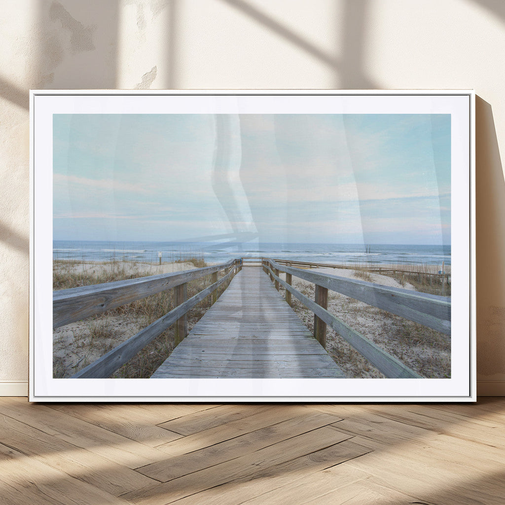 Beach Boardwalk Wall Art Canvas Print, Framed Coastal Serenity Ocean View