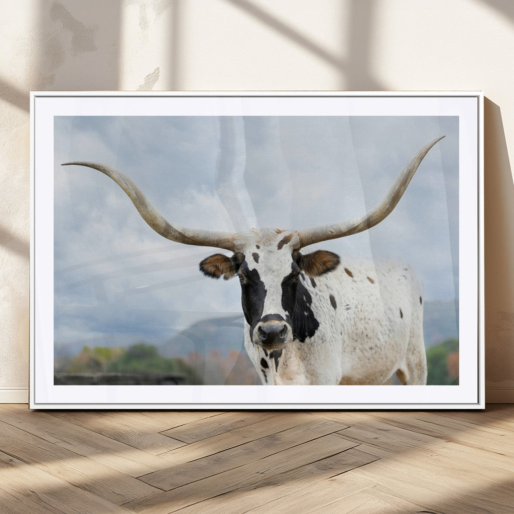 Texas Longhorn Wall Art Canvas Print, Framed Western Rustic Farmhouse