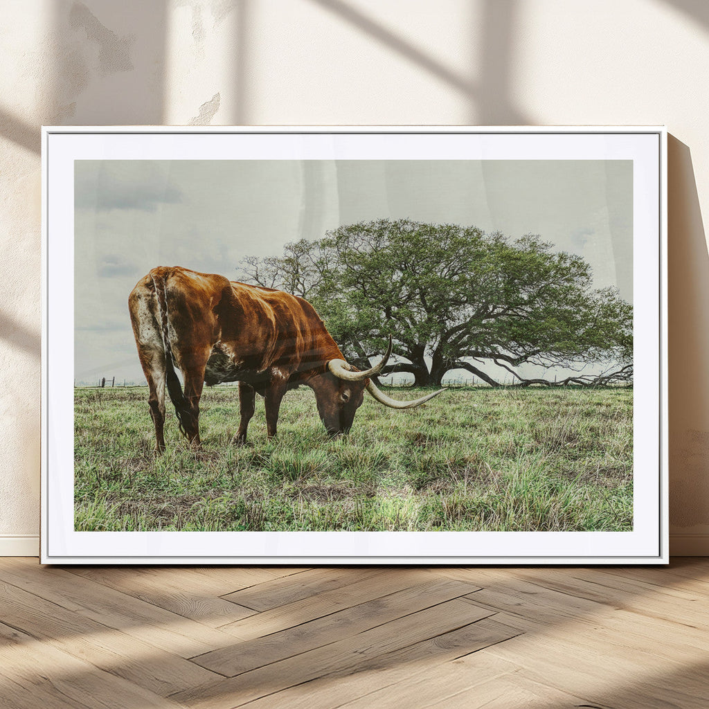 Texas Longhorn Wall Art Canvas Print, Framed Rustic Ranch Western Cattle