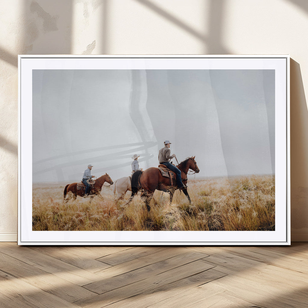 Western Cowboys Wall Art Canvas Print, Framed Horseback Riders on a Rustic Prairie