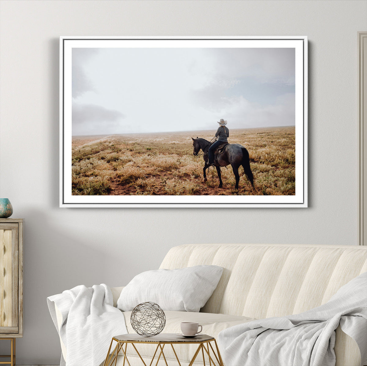 Cowboy Wall Art Canvas Print, Framed Western Rustic Ranch Scene