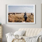 Western Wall Art Canvas Print, Framed Cowboy Cattle Drive Scene
