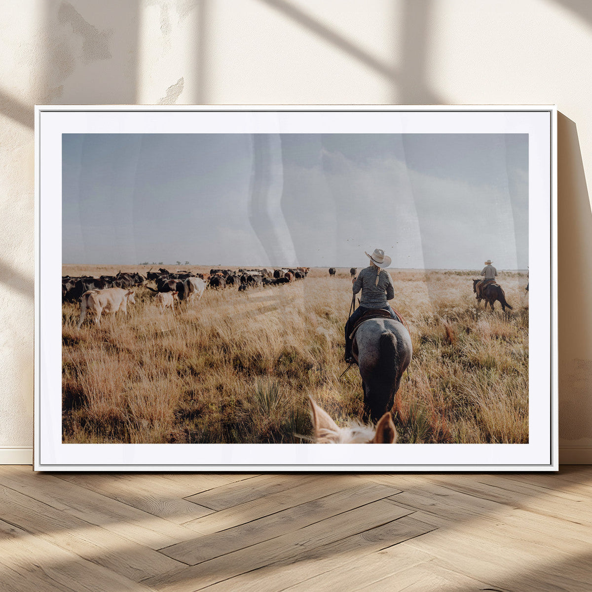 Western Wall Art Canvas Print, Framed Cowboy Cattle Drive Scene