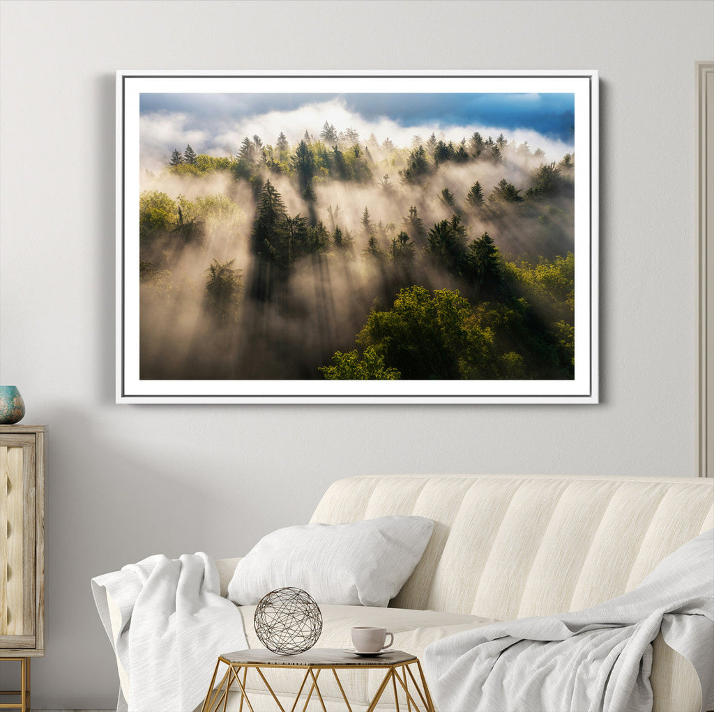 Tranquil Forest Scene Wall Art Canvas Print, Framed Moody Sunbeam Through Trees